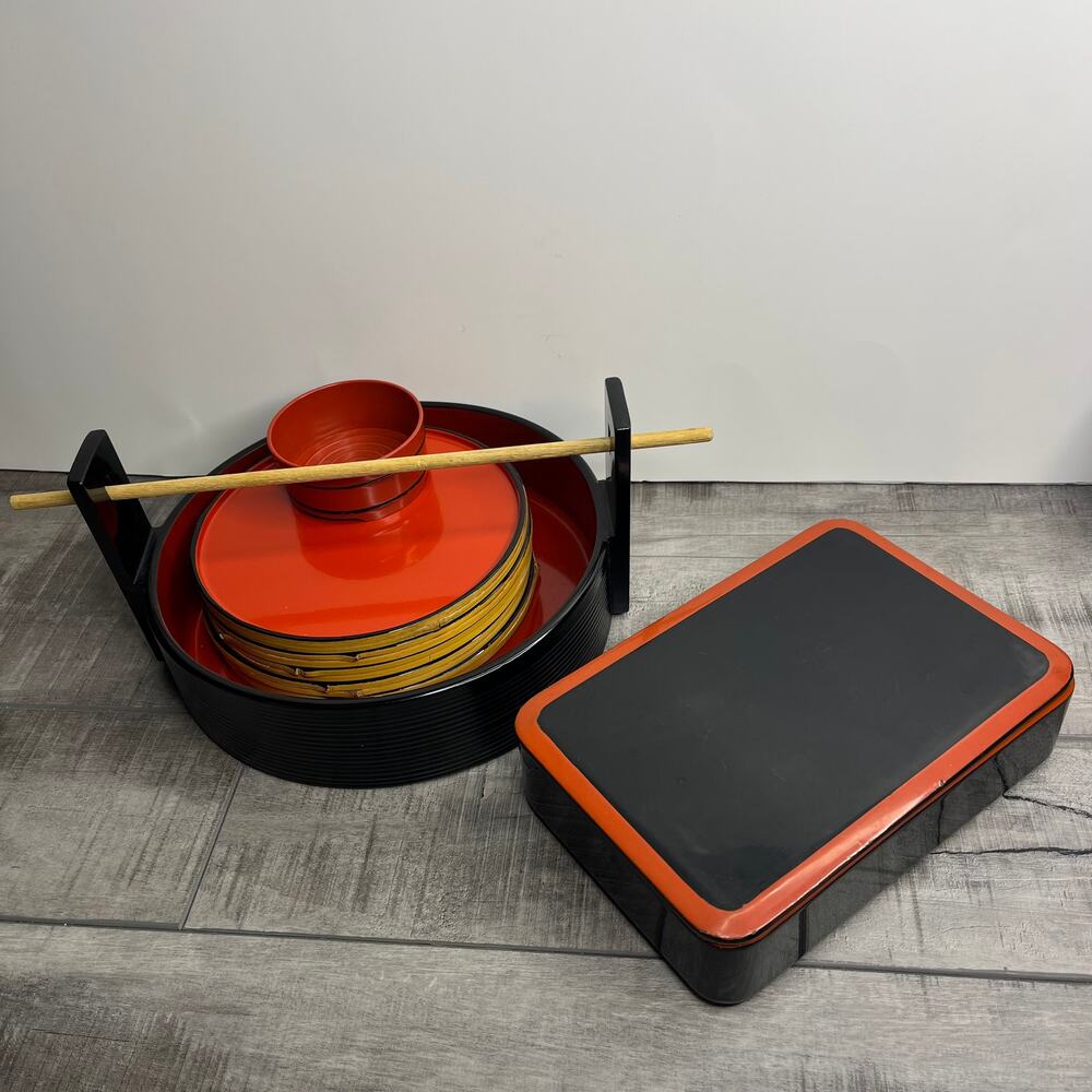 Vintage Asian Red Black Laquer Sushi Bamboo Plate Bento Box Set